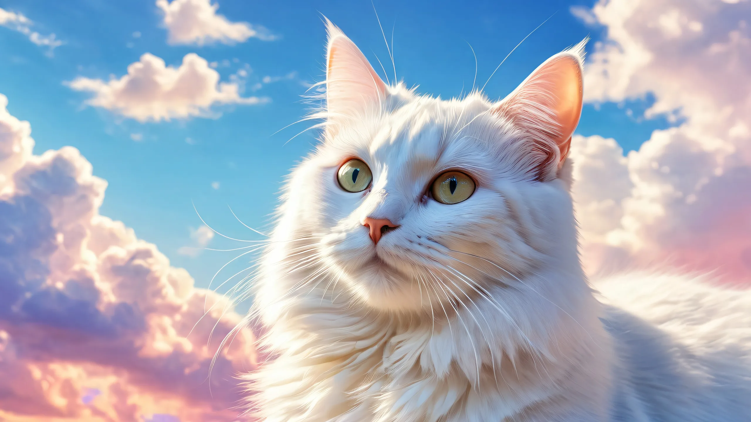A cat surrounded by clouds in a vast pure void, ideal for desktop or PC