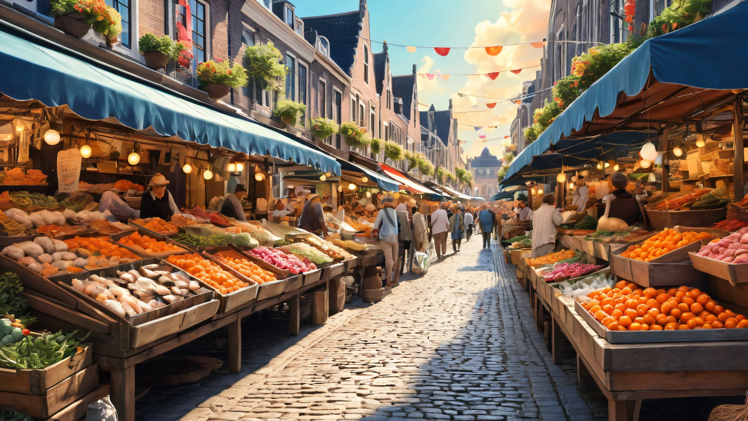 A serene and bustling Dutch street market scene for Desktop/PC backgrounds, featuring a cat and fish in a pristine void, with vibrant colors and subtle textures.