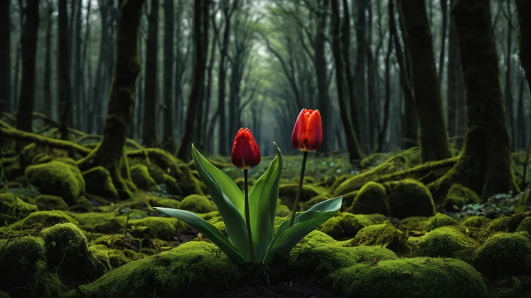 A magical being holds a tulip against the background of a mossy forest floor, perfect for desktops and PCs.