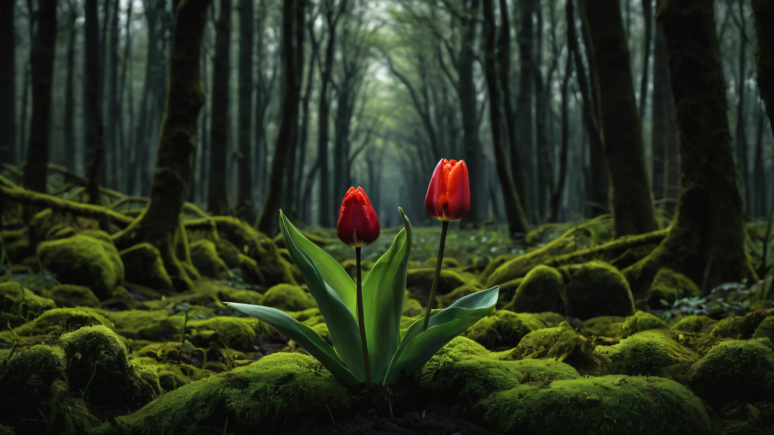 A magical being holds a tulip against the background of a mossy forest floor, perfect for desktops and PCs.