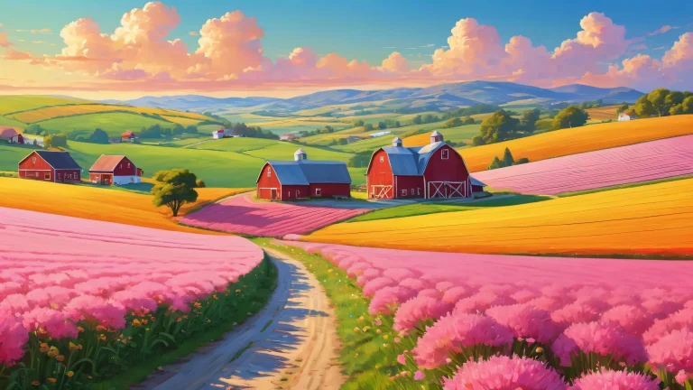 Ethereal farm scene with rolling hills and bright blue skies for desktop or PC.