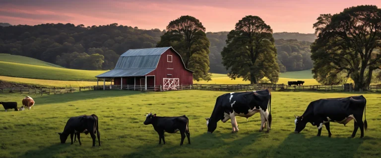 Breathtaking farm landscape on a perfectly clean desktop/pc background with whimsical illustrations and sleek dark mode aesthetic.