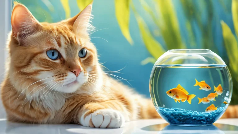 A cat with fish on a pristine desktop/PC background with ethereal lighting and stunning visual impact.