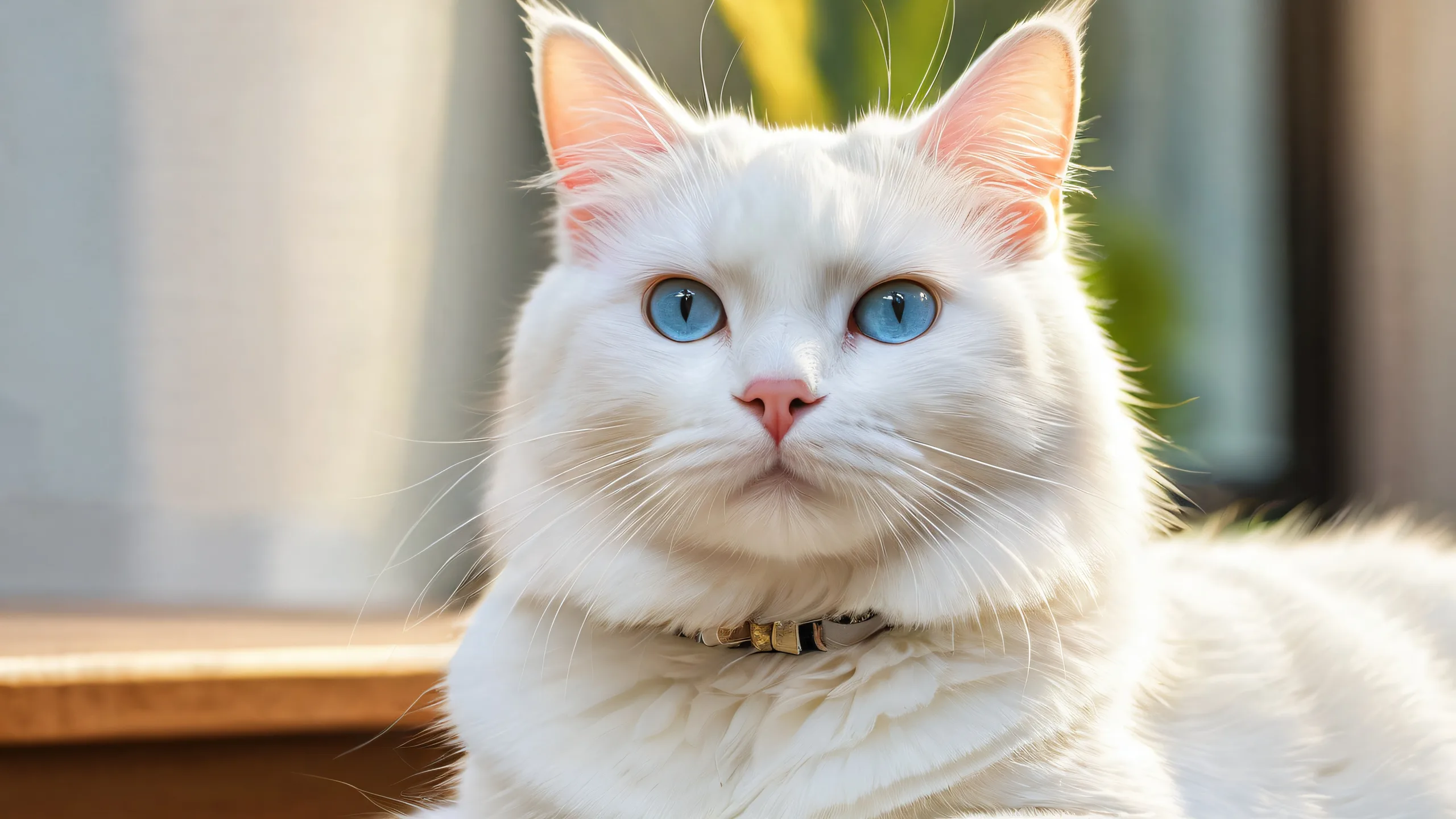 A stunning white cat perched regally on a pristine desktop or PC background.