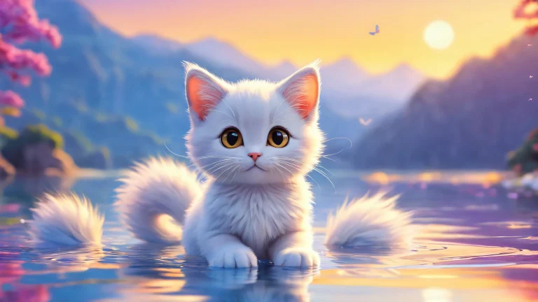 Serene desktop scene of anthropomorphic felines in a pure void with cat ears and fluffy tails, suitable for Desktop/PC.