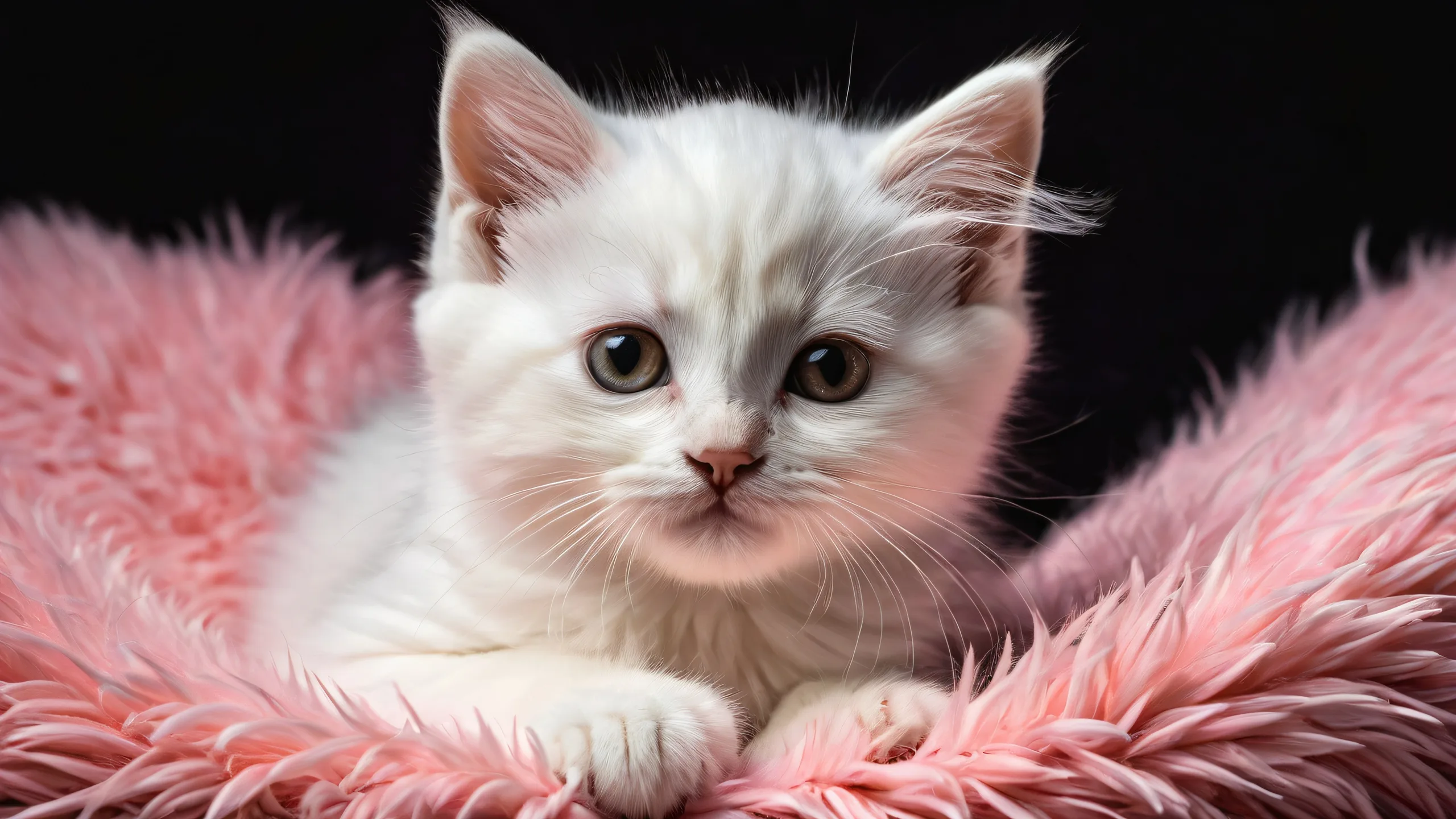 A serene desktop scene featuring a kitten in a pristine void with a soft fuzzy bed, perfect for PC or Desktop.