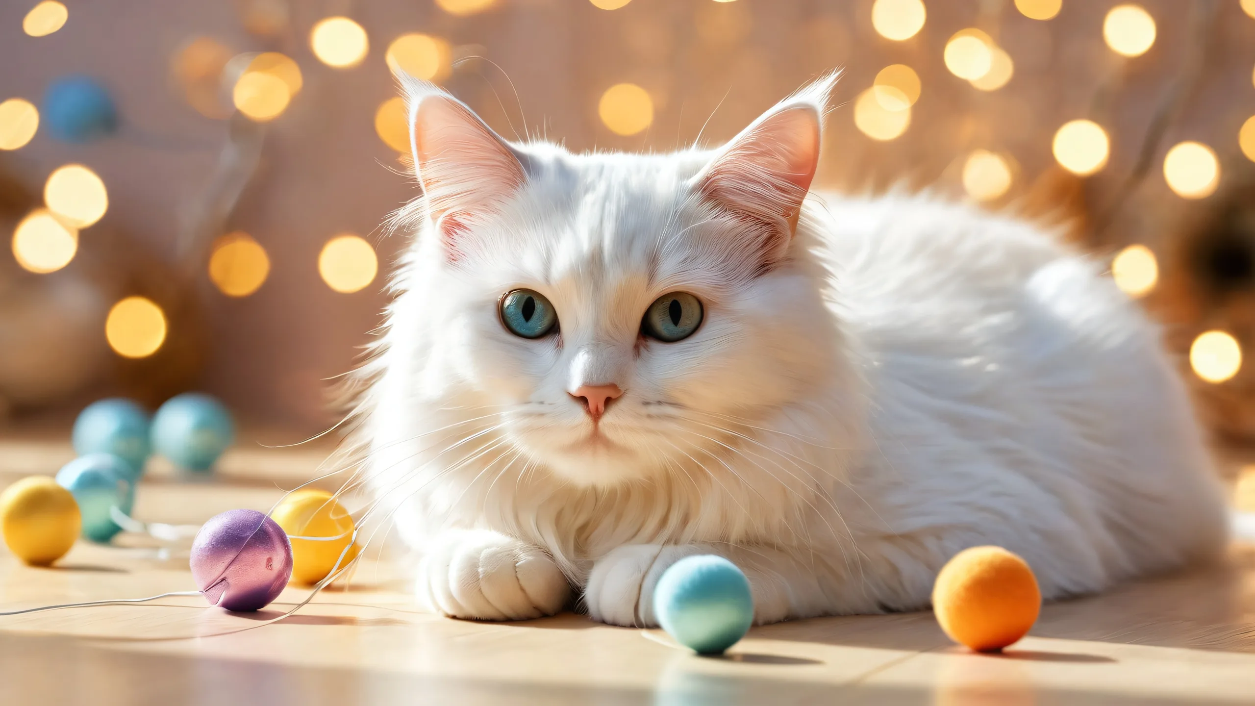 A serene desktop scene featuring a cat amidst scattered toys and trinkets on a pristine void, perfect for your Desktop/PC.