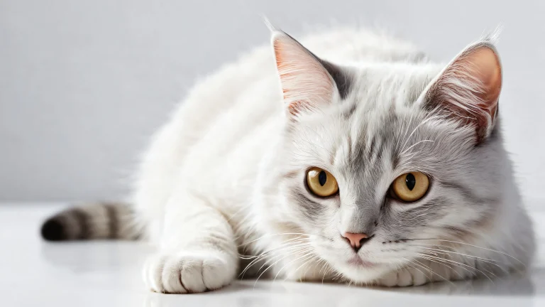 Ethereal desktop scene featuring a determined anthropomorphic cat gazing into a vast pure void, with a shiny silver fish and extreme depth of field, Geeignet für den PC- oder Desktop-Einsatz.