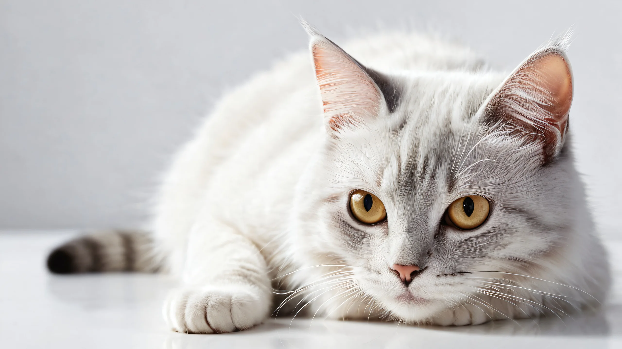 Ethereal desktop scene featuring a determined anthropomorphic cat gazing into a vast pure void, with a shiny silver fish and extreme depth of field, suitable for PC or Desktop use.