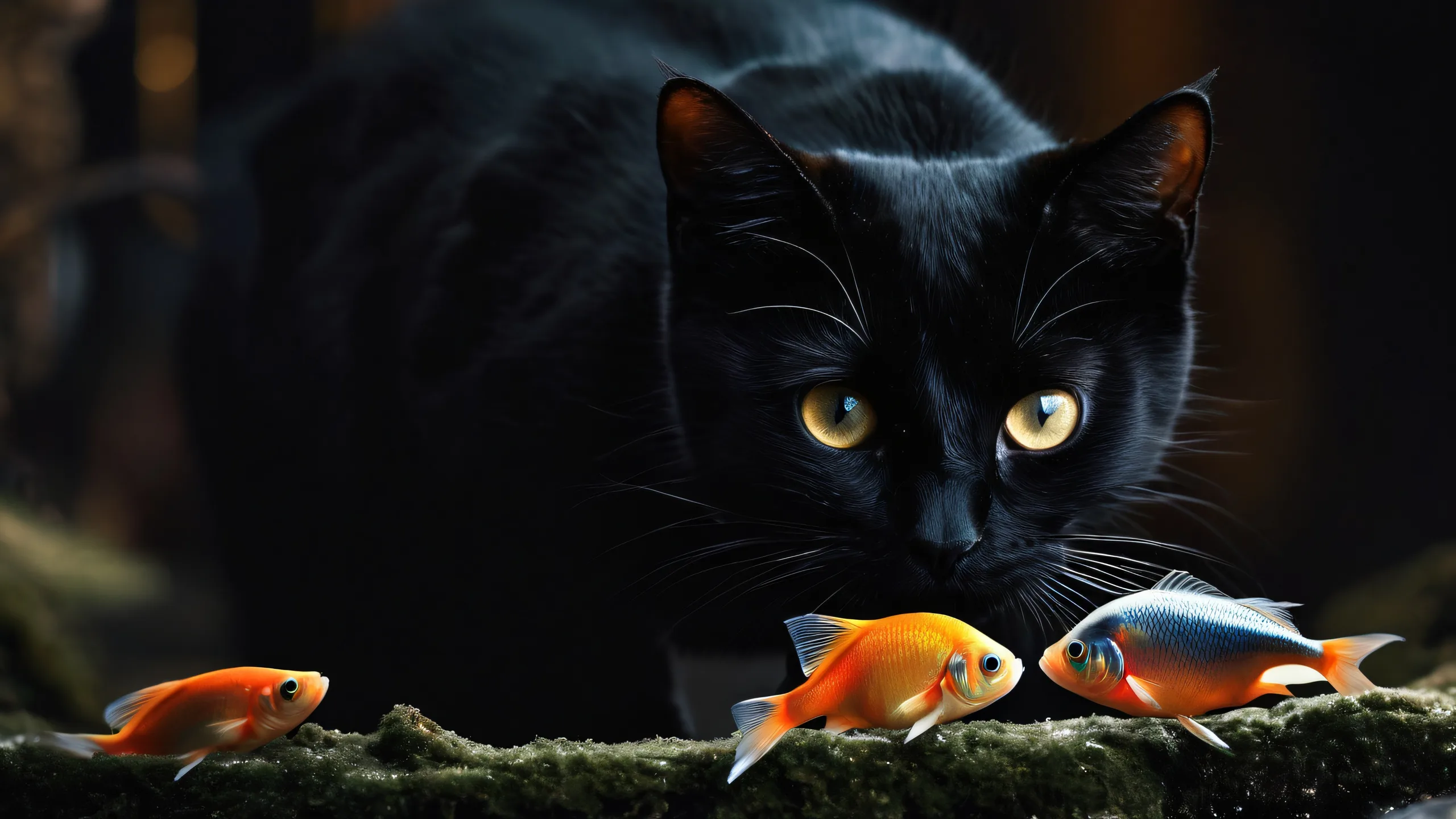 4K Whimsical Fish Feast Desktop Background A stunning desktop image of a cat enjoying fish on a pure void background for PC and Desktop use.