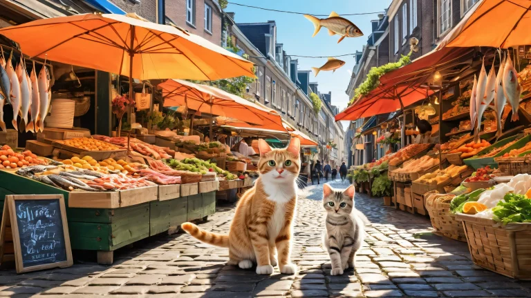 A delightful desktop wallpaper of a tabby cat hugging a fish at a bustling Dutch street market, perfect for Desktop/PC screens.