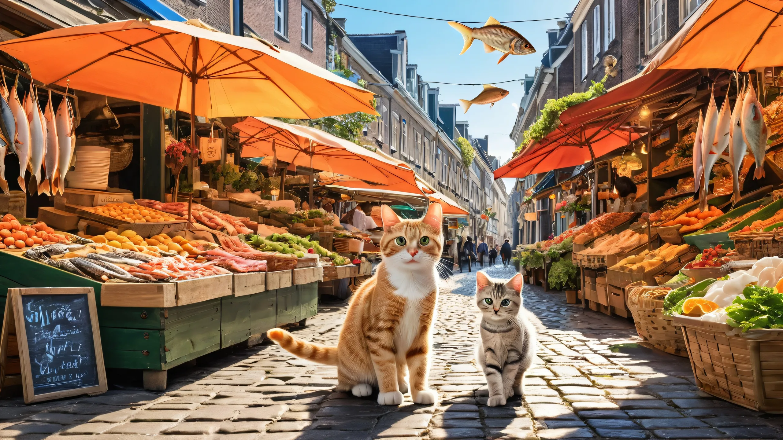 A delightful desktop wallpaper of a tabby cat hugging a fish at a bustling Dutch street market, perfect for Desktop/PC screens.