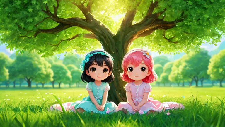 A serene desktop scene featuring adorable girls amidst lush green grass and a majestic tree, perfect for your Desktop/PC.