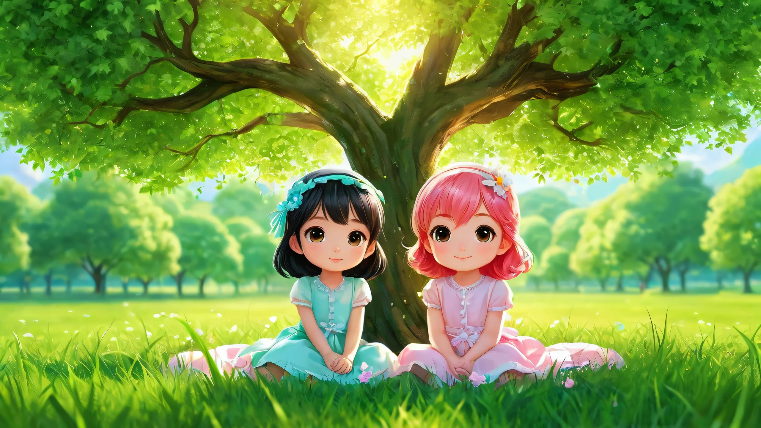 A serene desktop scene featuring adorable girls amidst lush green grass and a majestic tree, perfect for your Desktop/PC.