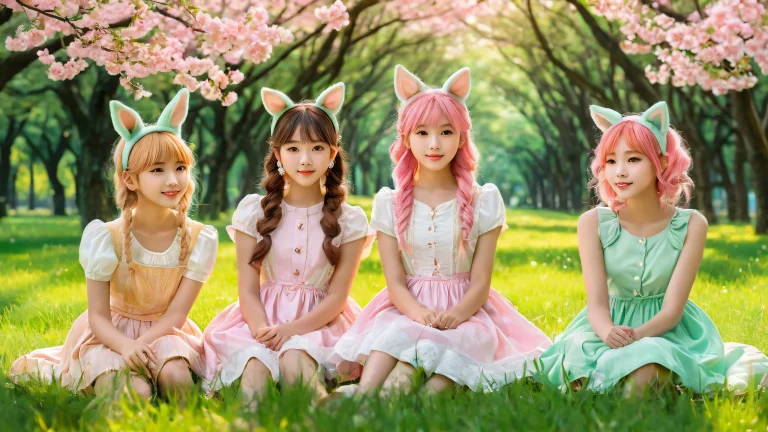 A serene desktop image of multiple girls with animal ears surrounded by lush green grass and a majestic tree, perfect for a PC or Desktop.