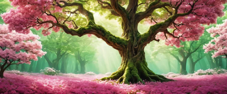 Magical desktop scene of a tree surrounded by a pure void with cute characters and ethereal lighting for Desktop/PC.