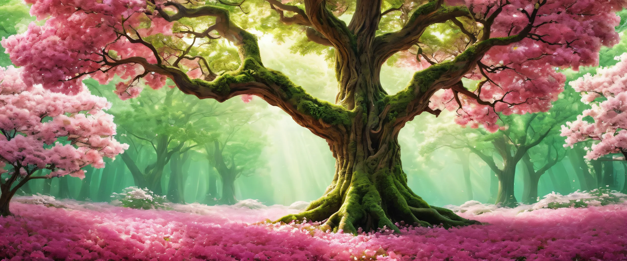Magical desktop scene of a tree surrounded by a pure void with cute characters and ethereal lighting for Desktop/PC.
