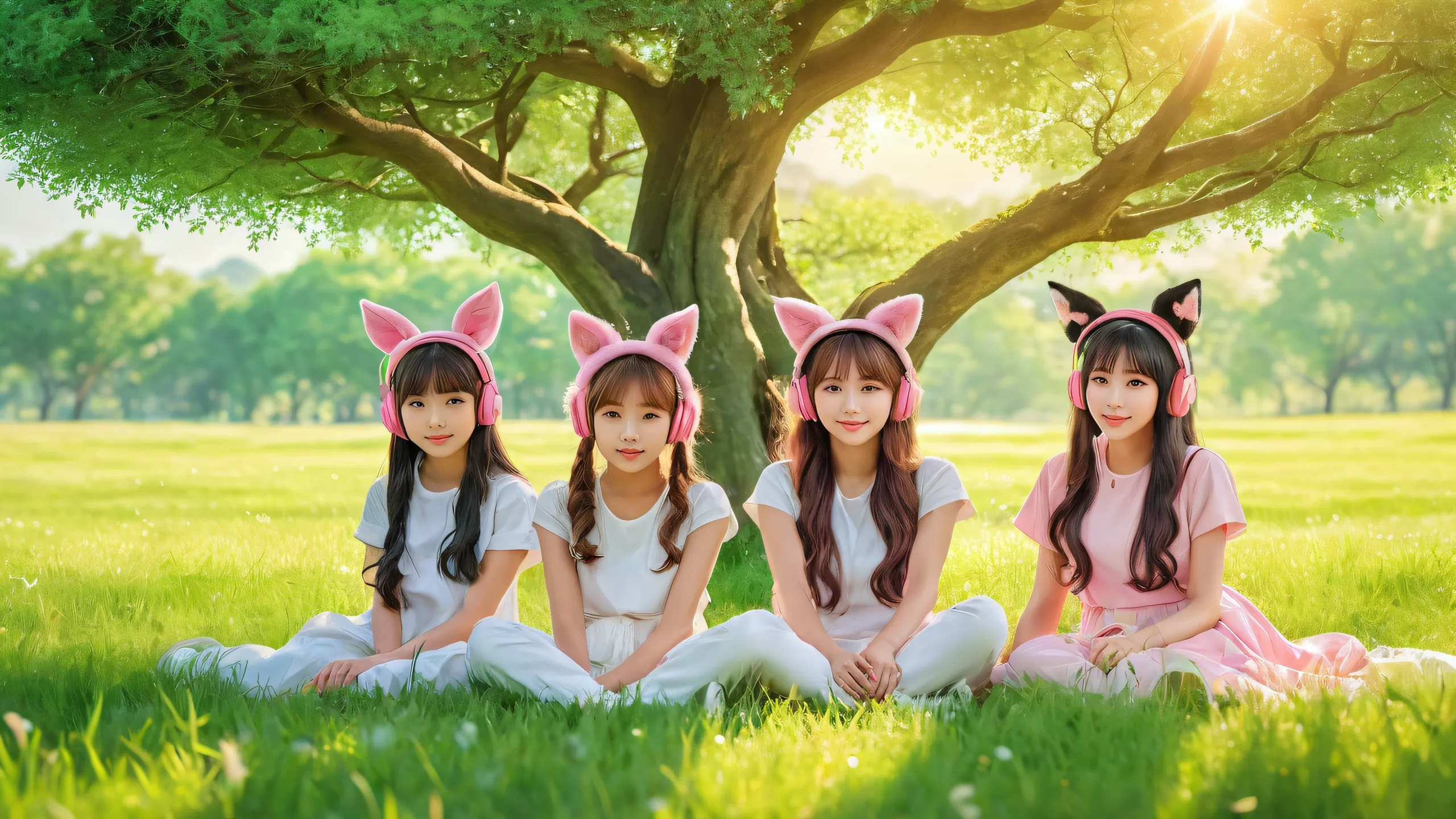 A beautiful scene of girls with animal ears surrounded by a serene tree and lush grass on a desktop or PC background.
