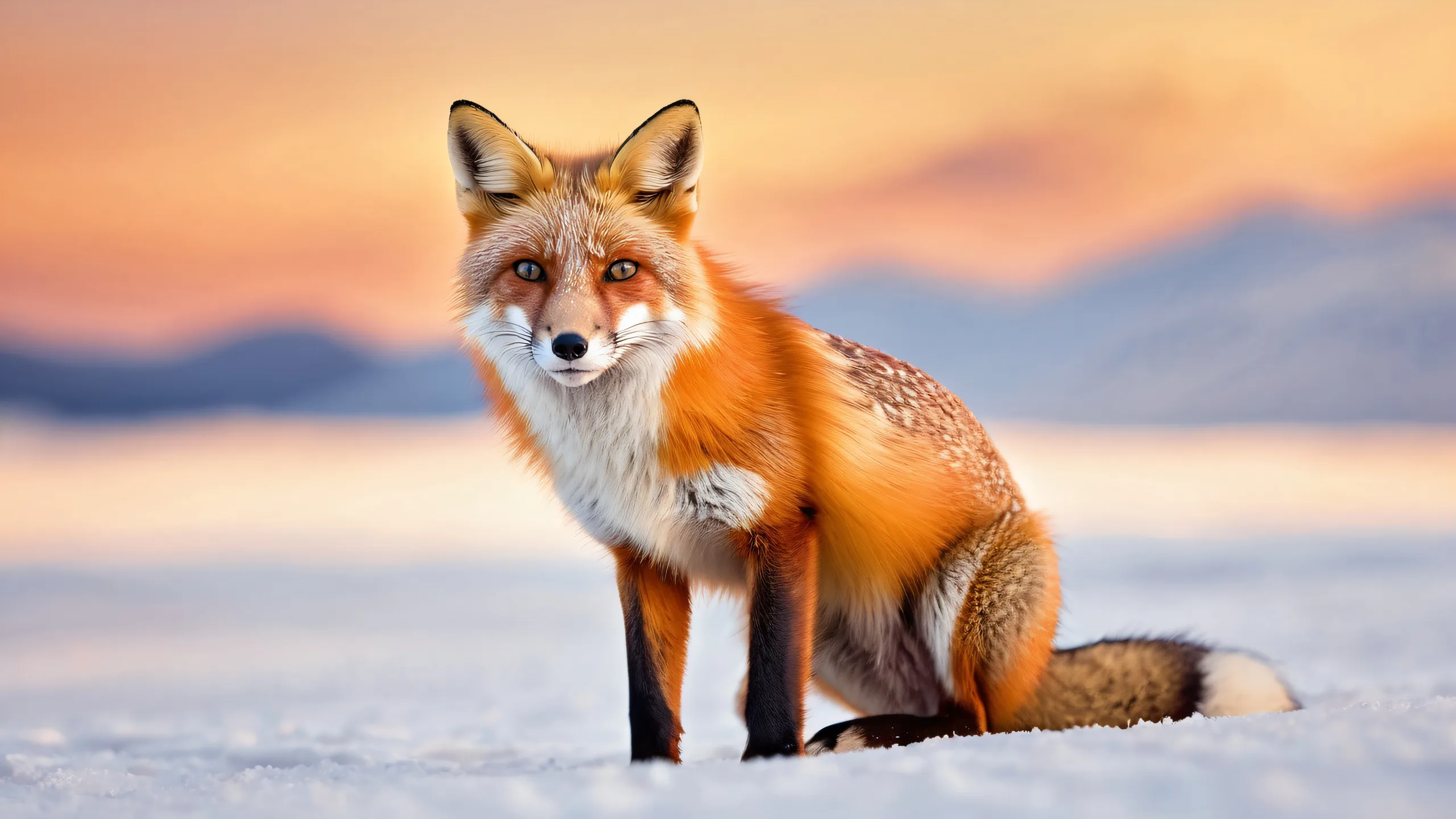 Stunning Whimsical Fox in Ethereal Landscape Wallpaper A beautiful illustration of a fox on a pristine void desktop background for use on PCs or Desktops.