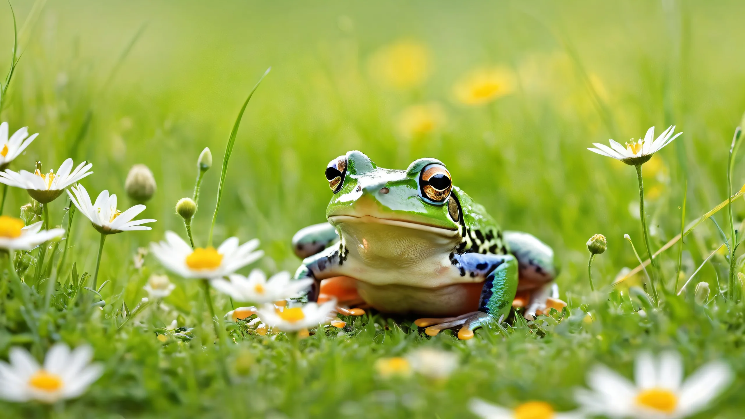 A desktop wallpaper featuring a whimsical frog amidst soft wildflowers and green grass on a pristine pure void background, ideal for PC or Desktop.