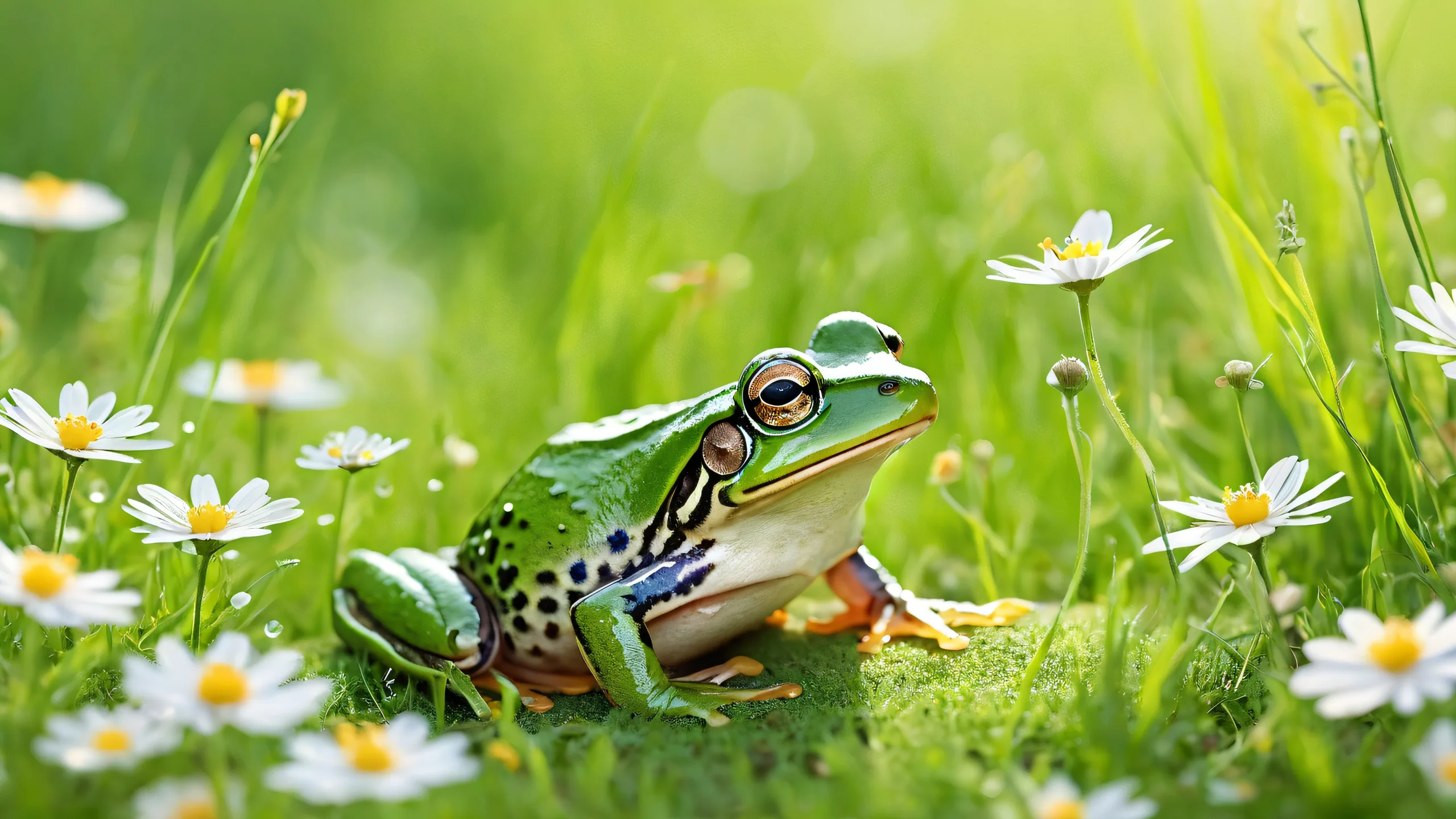 Epic Whimsical Frog Meadow Odyssey Desktop Wallpaperadapté pour ordinateur de bureau/PCpur vide A serene desktop wallpaper featuring a whimsical frog amidst soft wildflowers and green grass on a clean, pure void, suitable for Desktop/PC.