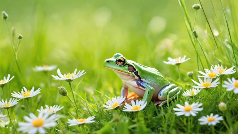 A serene desktop image of a frog sitting in a meadow with soft wildflowers and green grass, PCやラップトップに最適.
