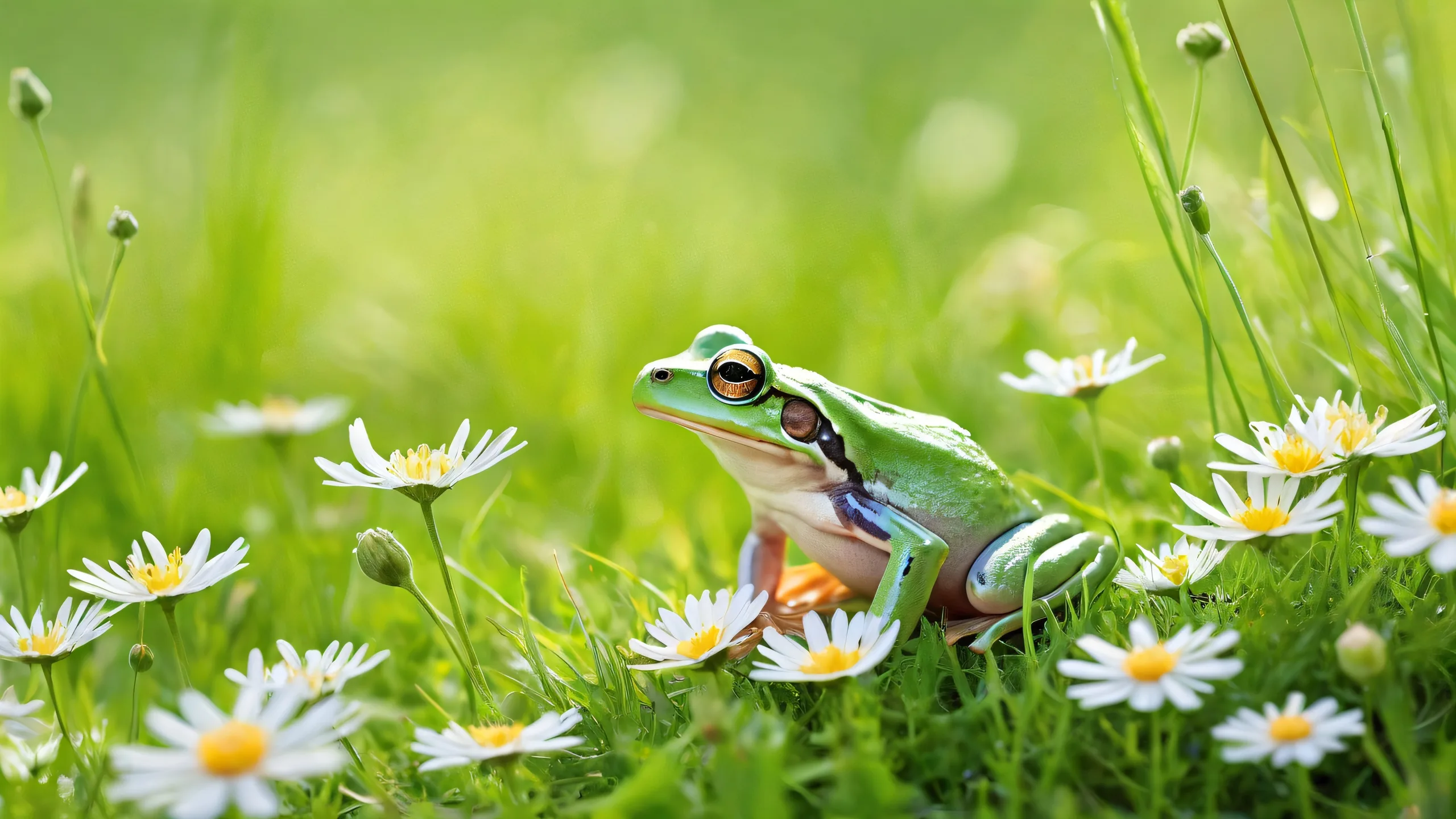 Whimsical Frog Oasis 4K UHD Wallpaper A serene desktop image of a frog sitting in a meadow with soft wildflowers and green grass, perfect for your PC or laptop.