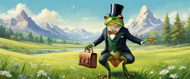 A whimsical frog in a tailored suit riding a huge mouse with a leather saddle, holding a black top hat on a desktop/pc background with a meadow and soft wildflowers.