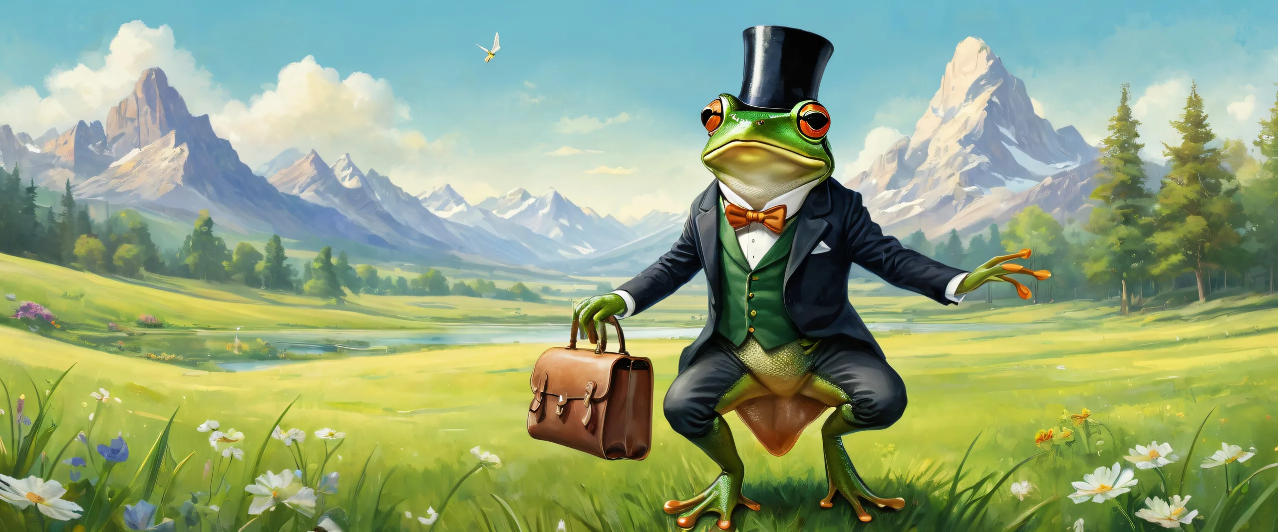 A whimsical frog in a tailored suit riding a huge mouse with a leather saddle, holding a black top hat on a desktop/pc background with a meadow and soft wildflowers.