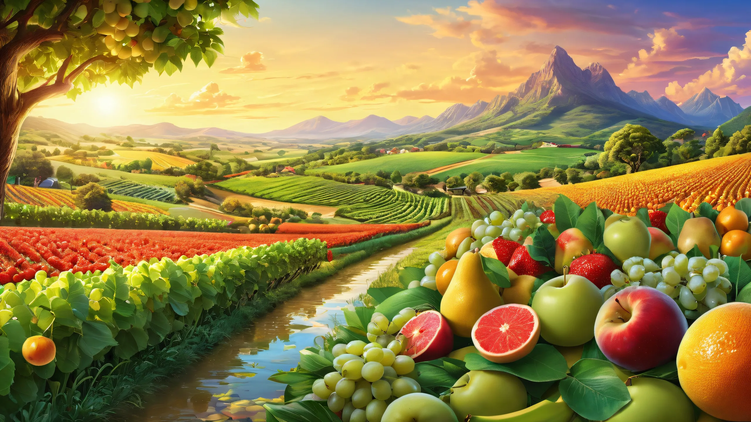 A stunning desktop image of a fruit farm on a pristine void background for use as a PC or Desktop wallpaper, featuring ethereal lighting and vibrant colors.