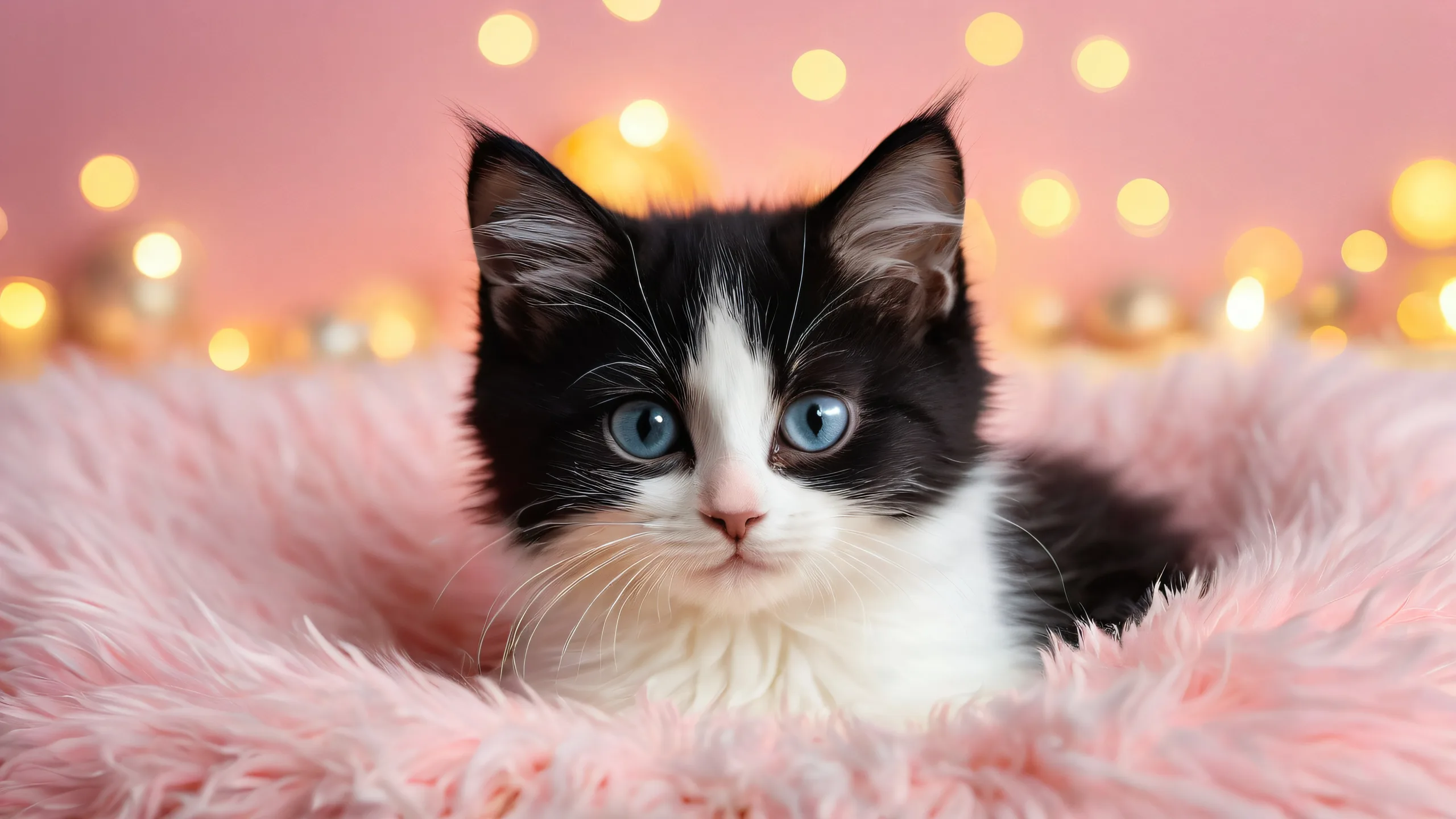A stunning desktop wallpaper featuring a kitten in a pure void environment with soft bedding and photorealistic background, perfect for Desktop/PC.