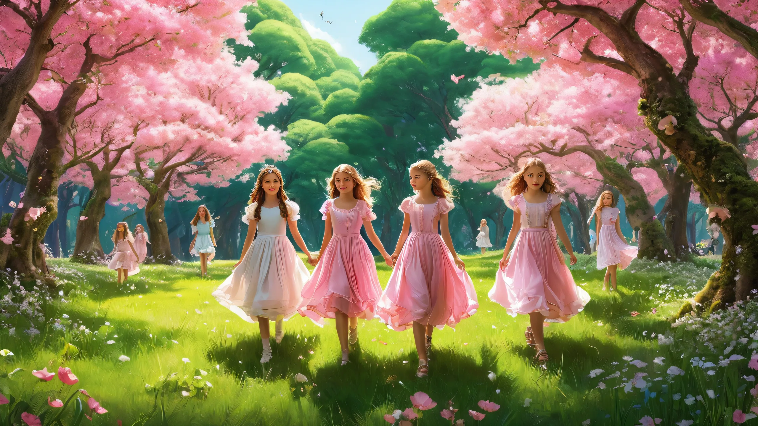 A beautiful desktop image featuring multiple girls amidst lush green grass and tall trees in a pure void, ideal for desktop use on PCs or Macs.