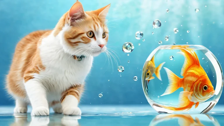 A stunning desktop wallpaper of a cat playing with fish in a vast, pure void, perfect for your Desktop/PC.