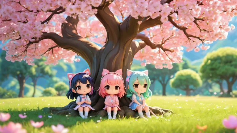 Chibi girls amidst a serene grassy background with a majestic tree on a pristine void desktop/pc wallpaper.
