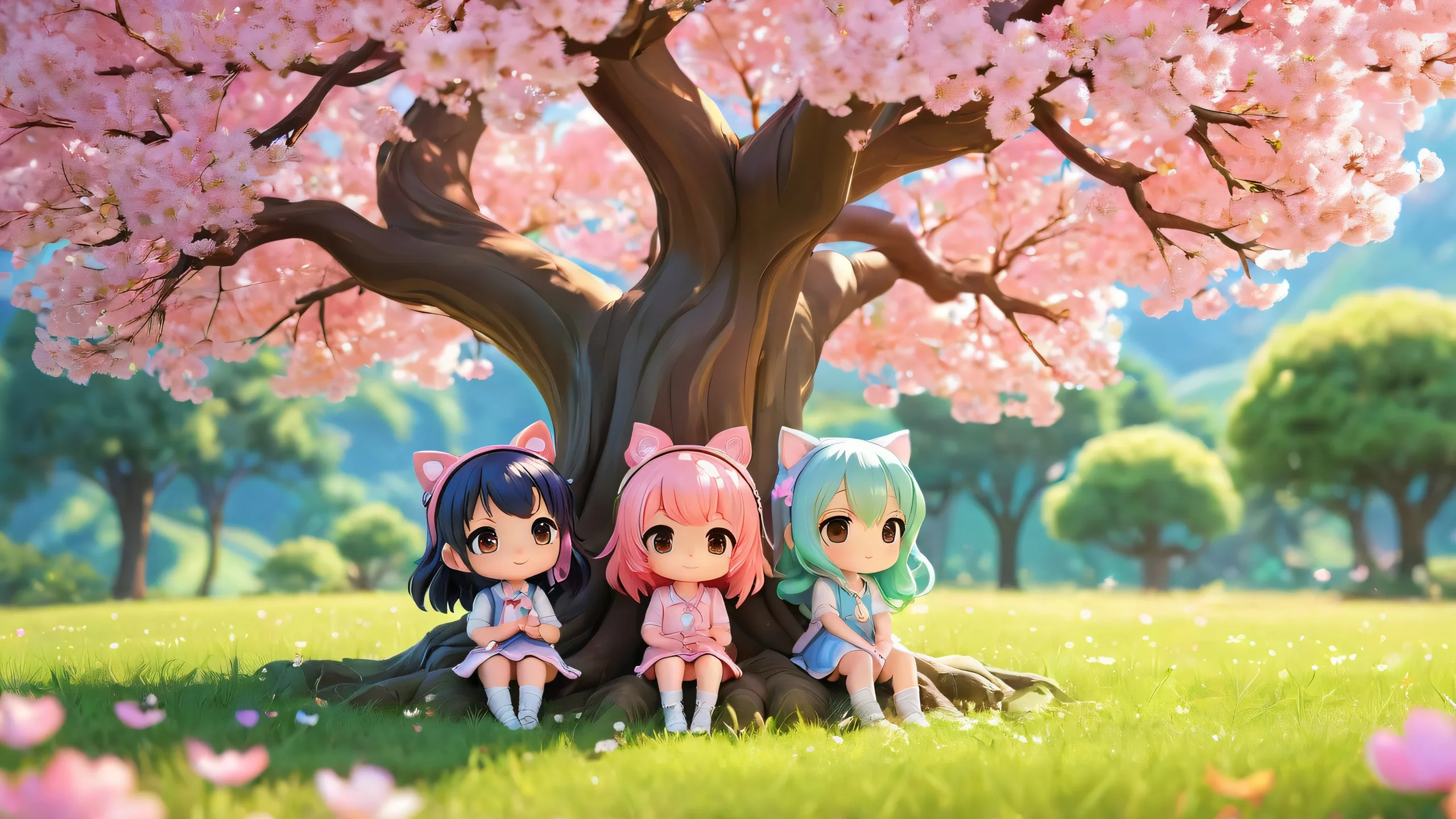 Chibi girls amidst a serene grassy background with a majestic tree on a pristine void desktop/pc wallpaper.
