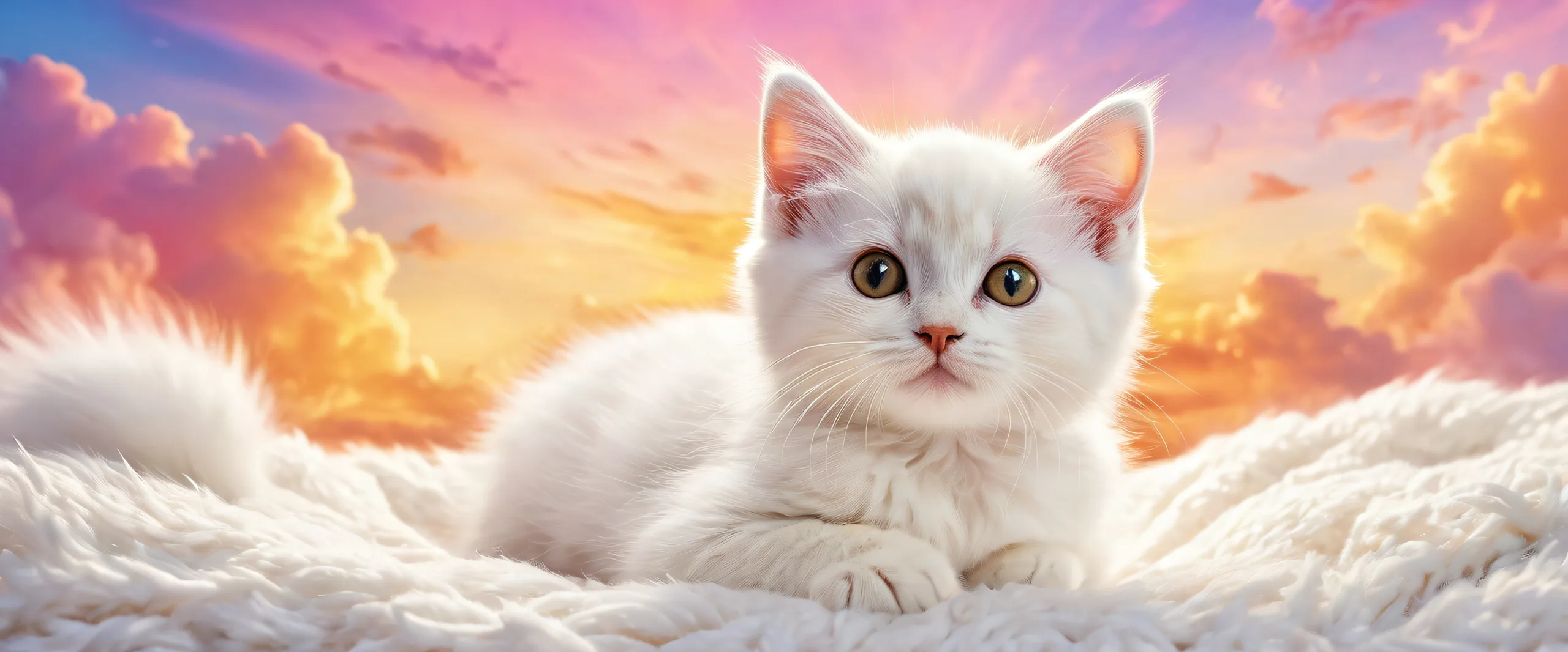 A majestic kitten lounges on a soft, fluffy cat bed in a vast, pure void, perfect for desktop/pc backgrounds.