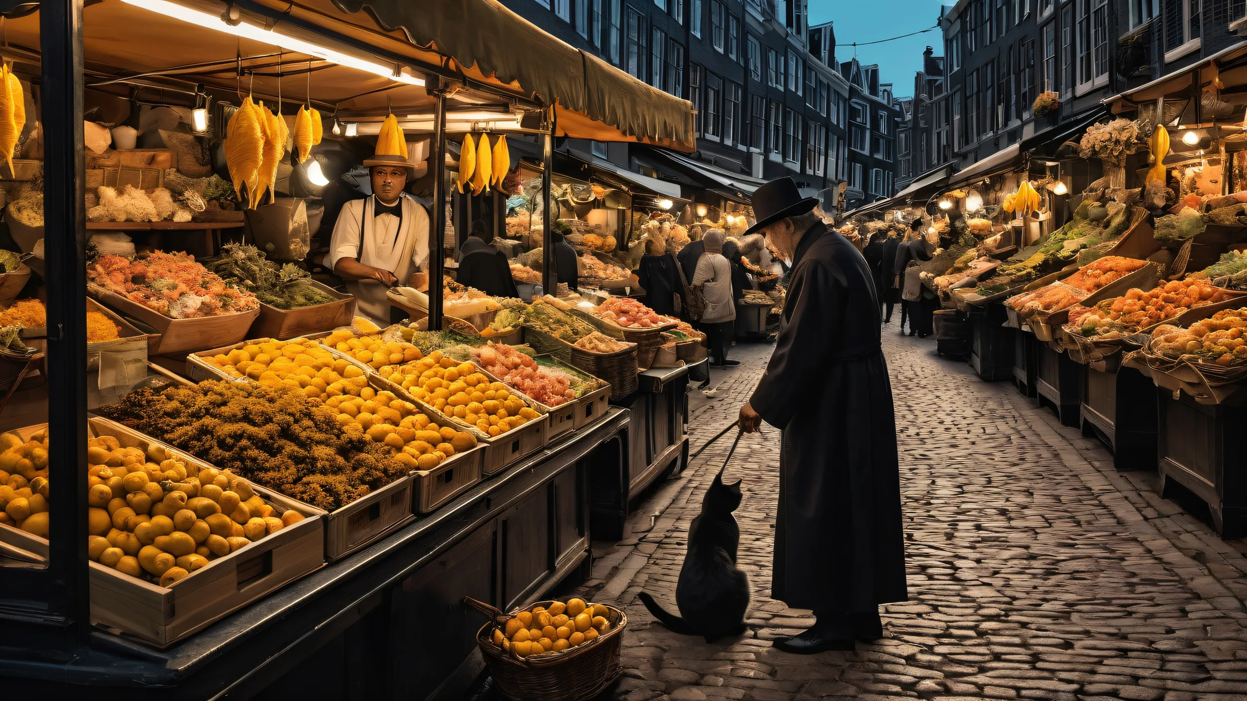 An anthropomorphic cat and fish vendor on a Dutch street market against a dark mode aesthetic with deep blacks, warm golden yellow, and rich corals for a desktop/pc background.