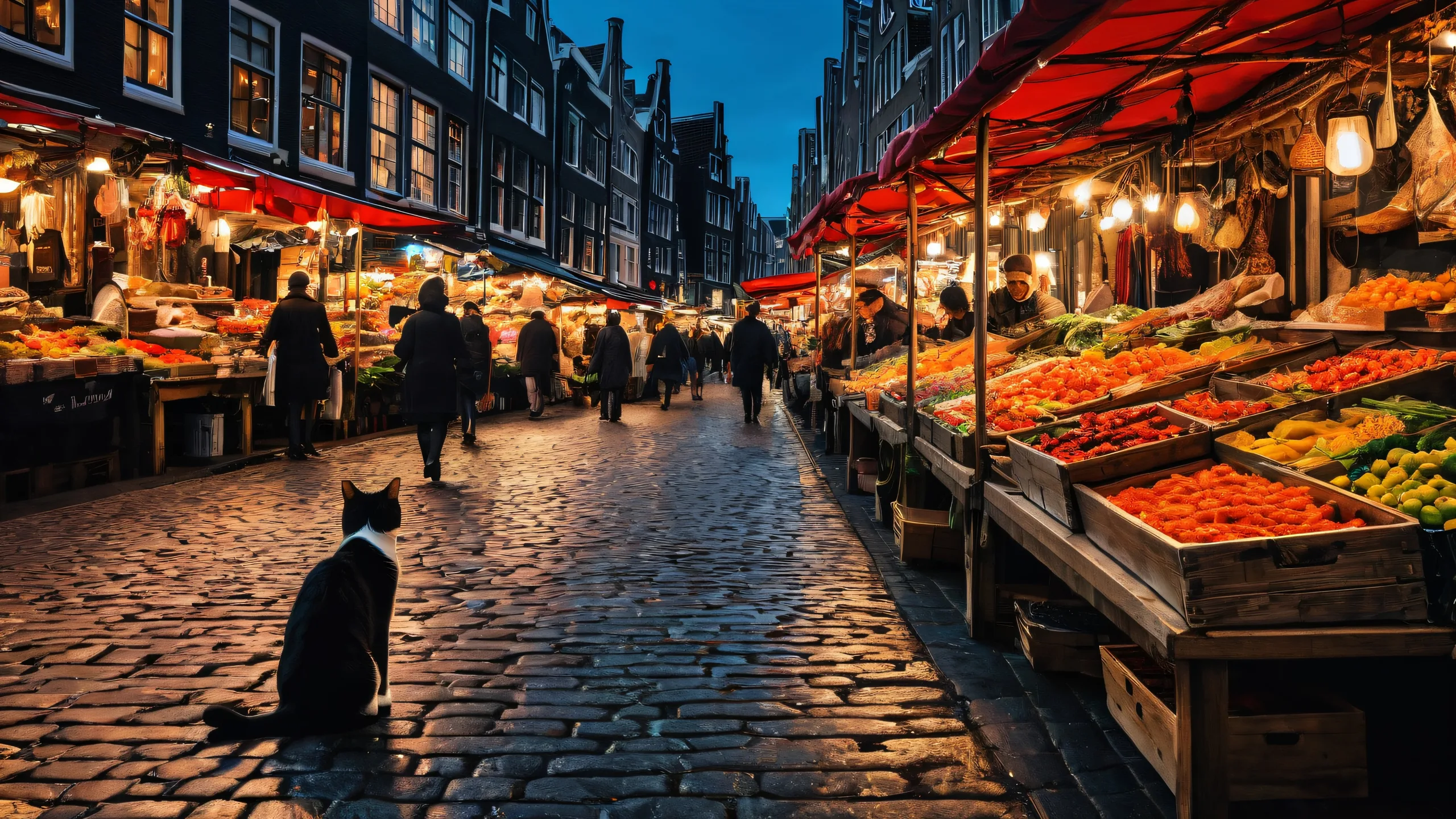 A young tabby cat and a fish vendor on a bustling Dutch street market for Desktop/PC