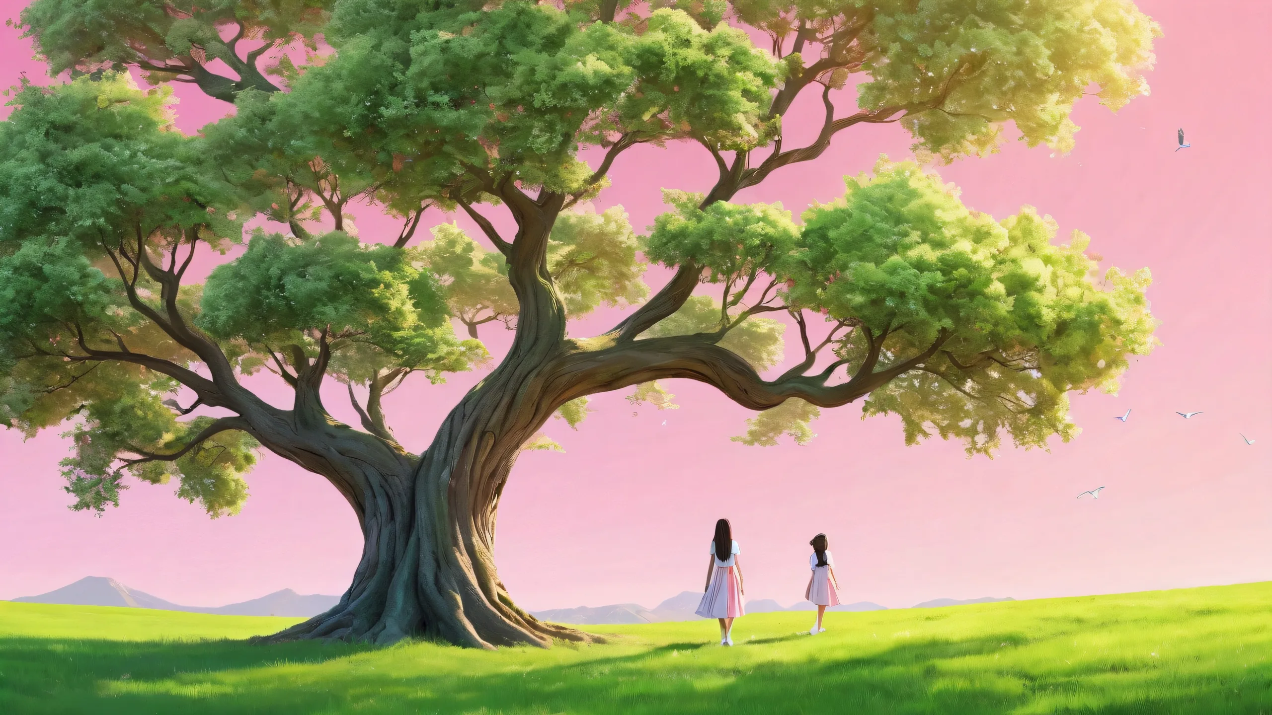 Beautiful digital art of girls and tree on a desktop/pc background with lush grassy area, majestic tree, and ethereal lighting.