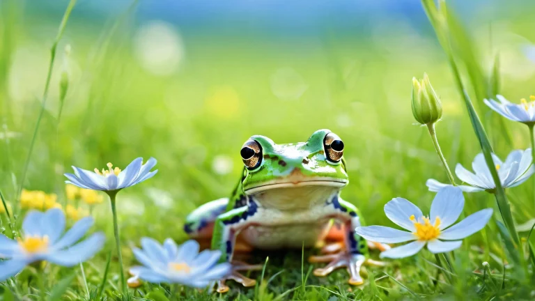Una serena escena de escritorio que muestra una rana en un prado con suaves flores silvestres y hierba verde., perfecto para una experiencia informática tranquila en su escritorio/PC.