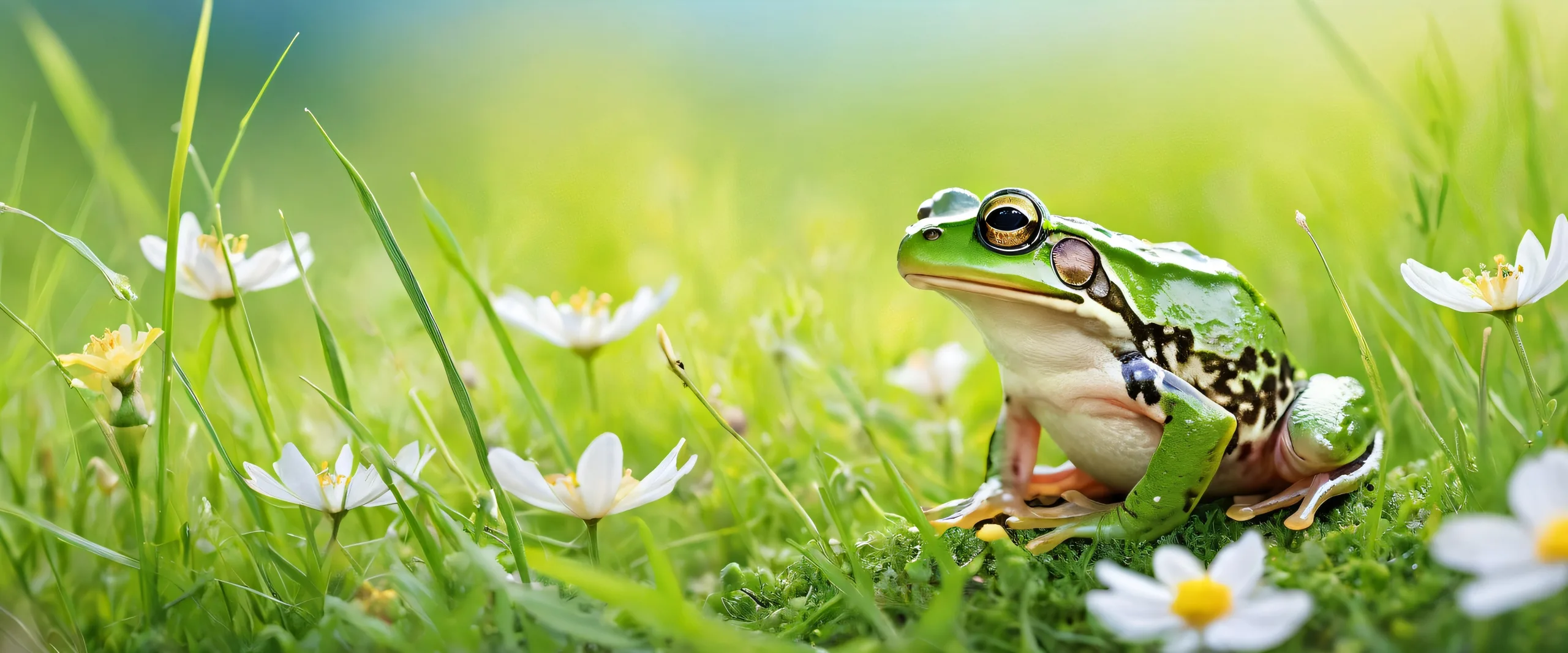A serene desktop image of a frog sitting amidst soft wildflowers and green grass against a pure void background on a Desktop/PC.