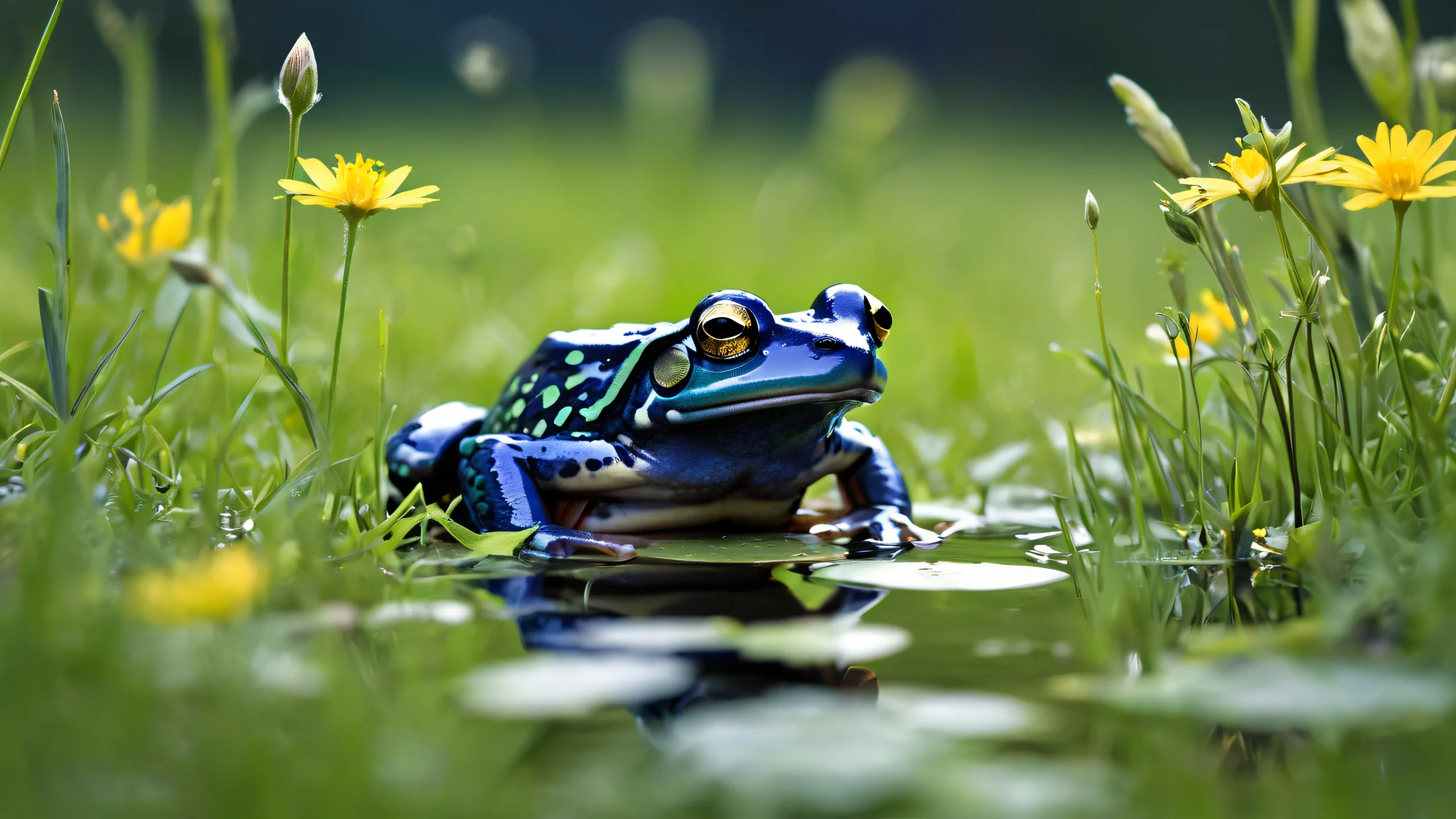 Whimsical Meadow Oasis Aesthetic PC Wallpaper A serene frog sits amidst soft wildflowers and lush green grass on a pristine desktop, perfect for PC users seeking a peaceful atmosphere.