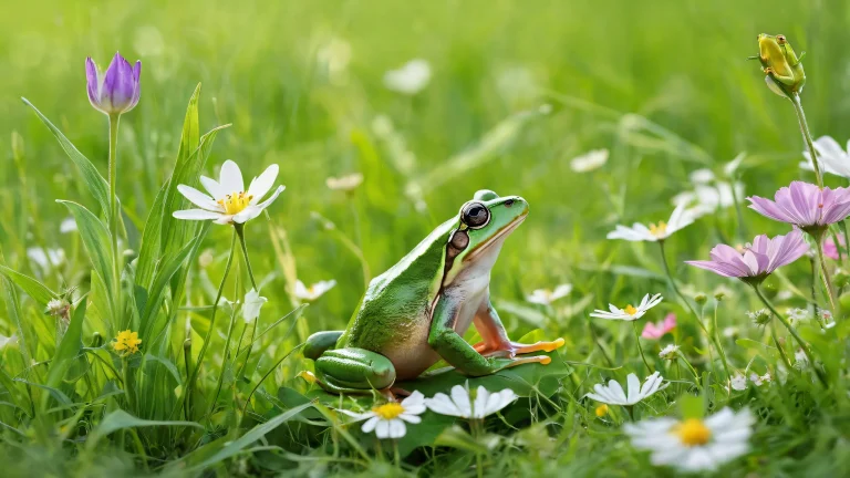 A beautifully illustrated meadow scene featuring a frog and mouse on a desktop or PC, perfect for relaxation.