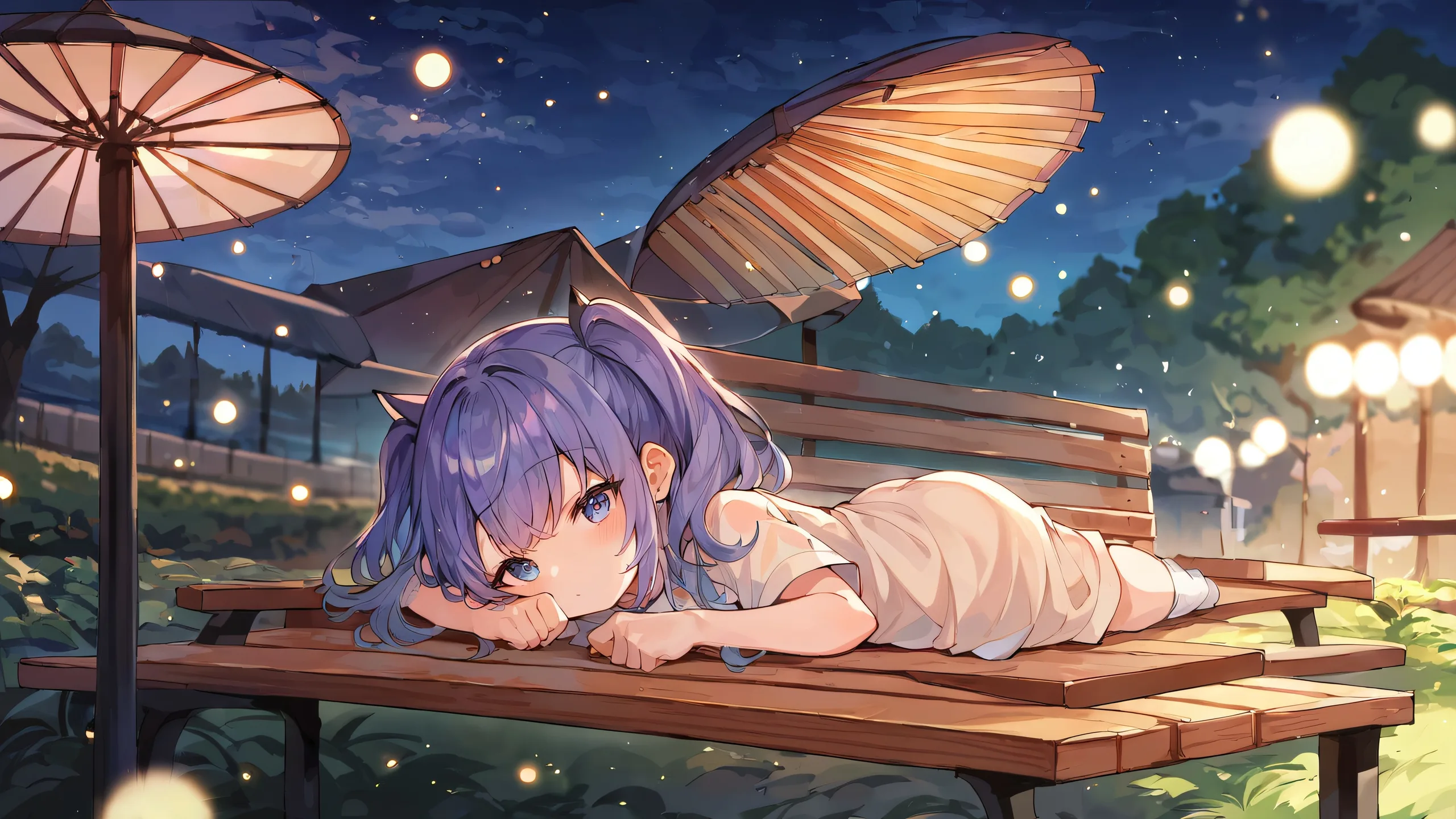 A chibi cat lying under a park bench on a clear night with photorealistic bokeh particles and extreme depth of field, suitable for desktop or PC