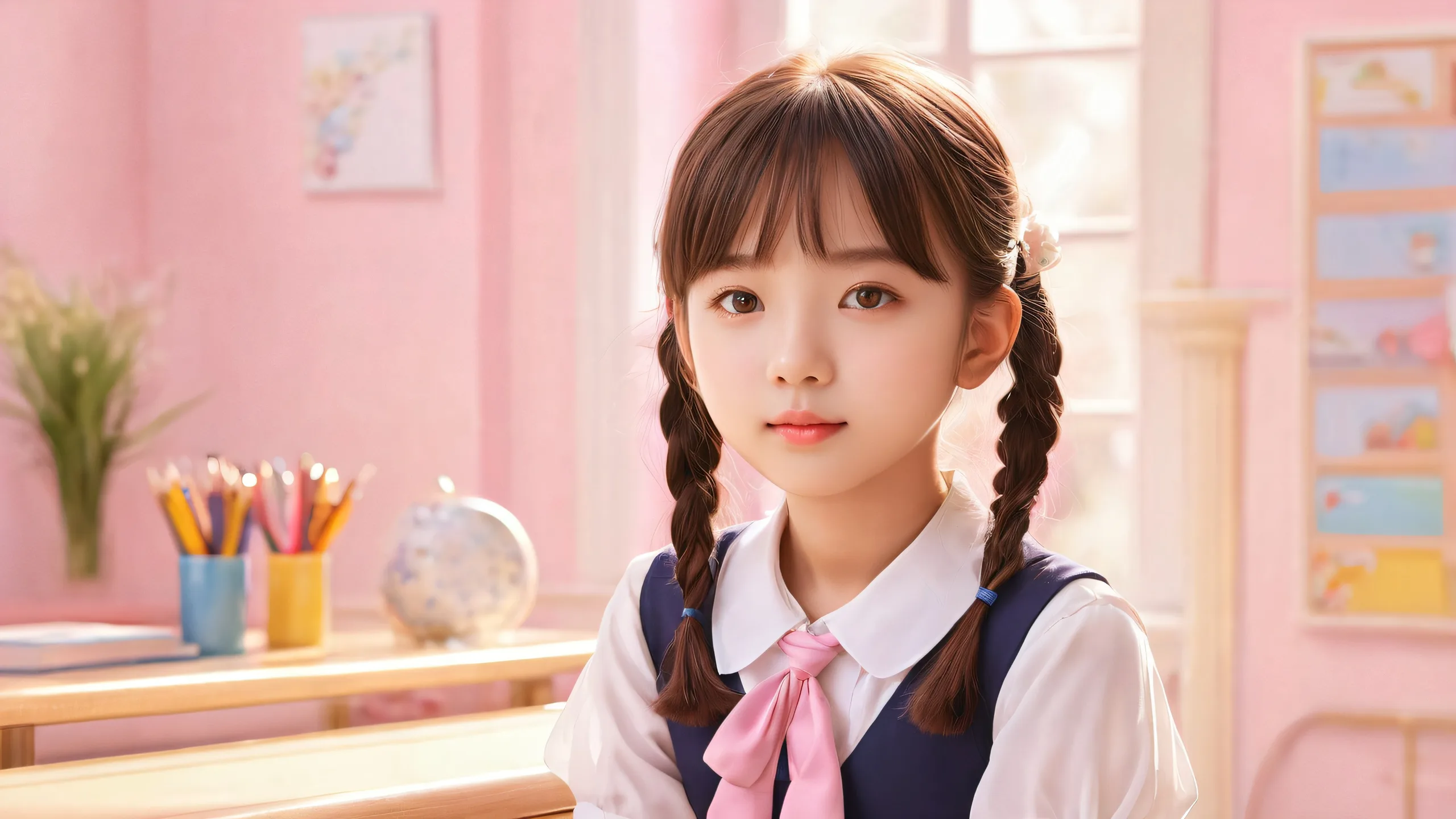 A beautiful, award-winning desktop wallpaper featuring a school girl in a vast, pure void with extreme depth of field and ethereal lighting suitable for Desktop/PC.