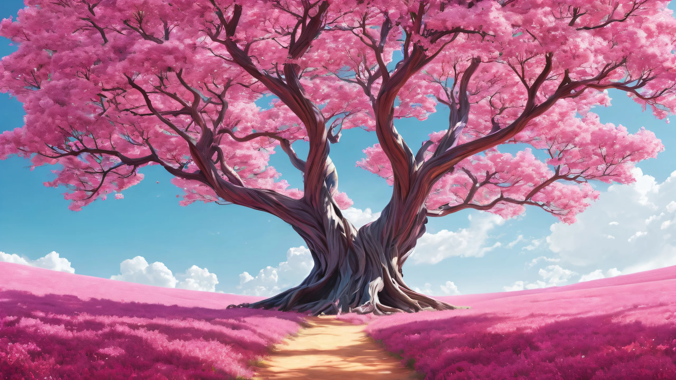 A playful desktop wallpaper featuring a tree and multiple girls in a vast, pure void with ethereal lighting.