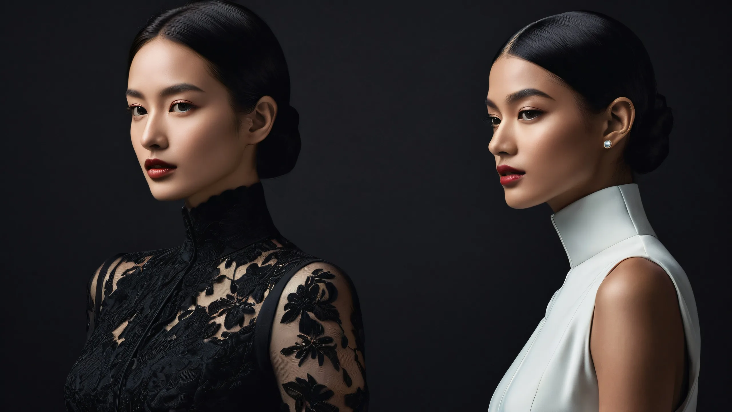 Two women surrounded by a vast, pure void with depth of field and whimsy, suitable for desktop or PC.