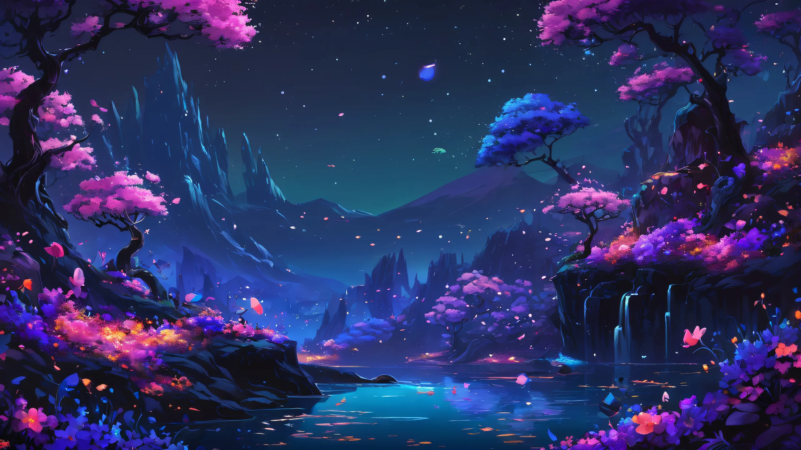 Whimsical Void Odyssey Aesthetic PC Wallpaperadapté pour ordinateur de bureau/PC Magical desktop wallpaper featuring a vast pure void with whimsical fantasy elements and elegant dark mode aesthetic, suitable for Desktop/PC