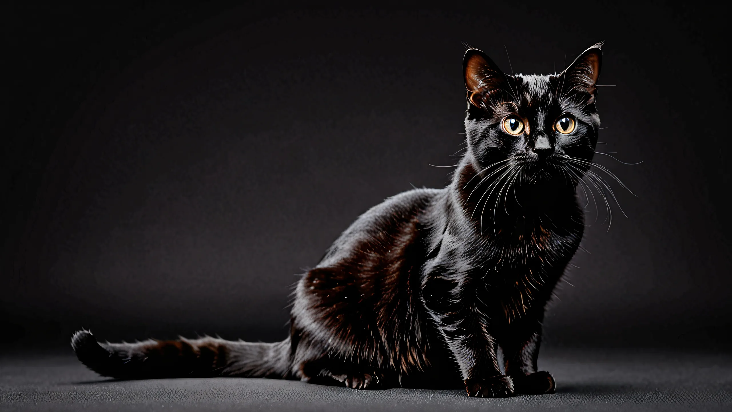 Minimalist desktop background featuring a Tiny Cat in a vast, pure void with deep blacks and crisp contrast. Suitable for Desktop/PC.