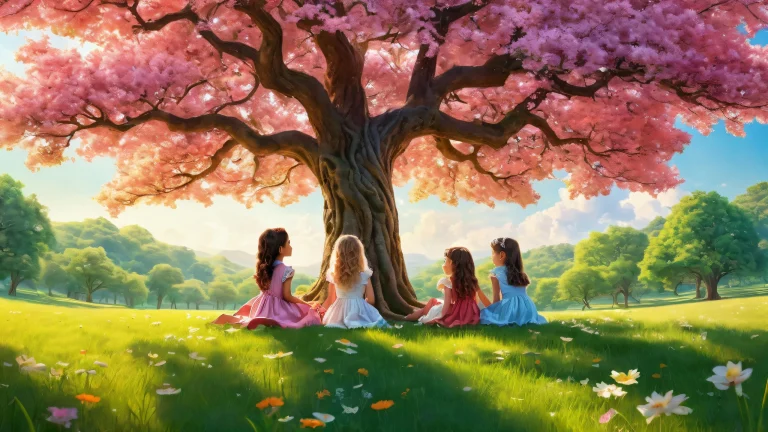 Colorful desktop wallpaper featuring multiple girls in a serene and vibrant natural setting with a majestic tree, suitable for PC or Desktop.